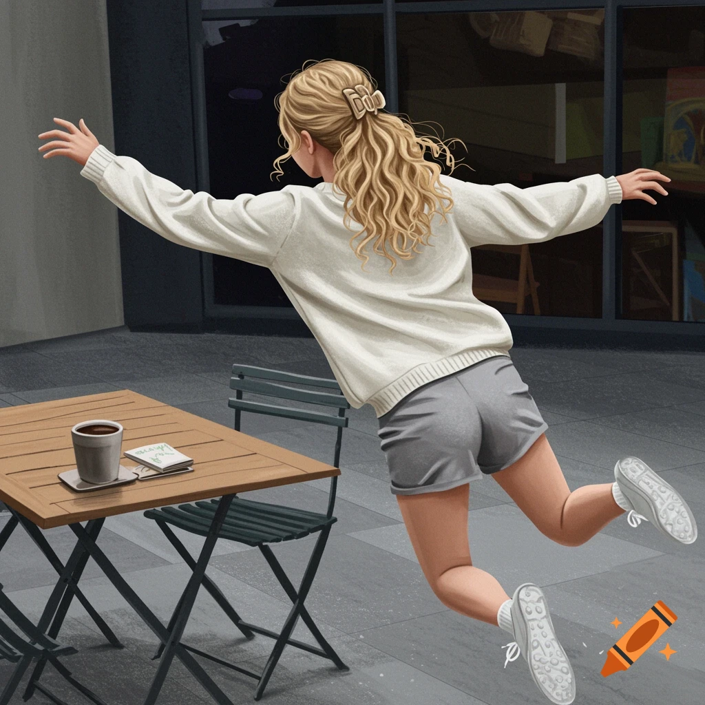 A blonde girl in a white sweater and grey shorts is falling near a cafe table with coffee.