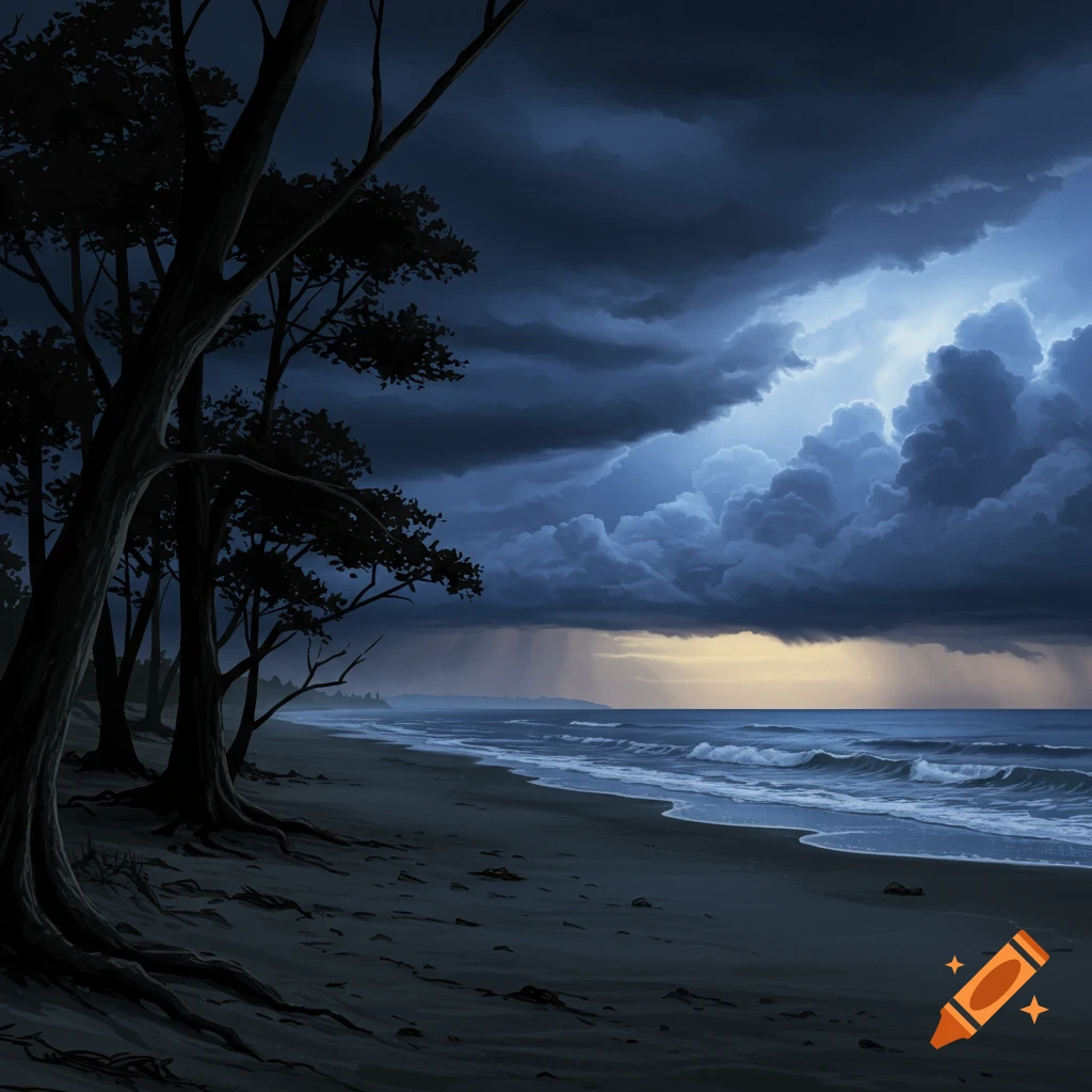 A stormy beach with dark trees and dramatic rain clouds over the ocean.