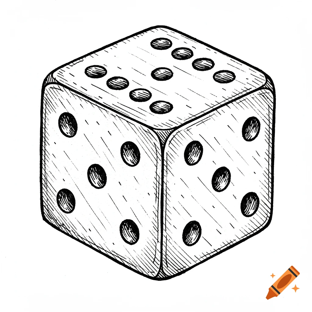 A black and white pen and ink line drawing of a single six-sided dice.