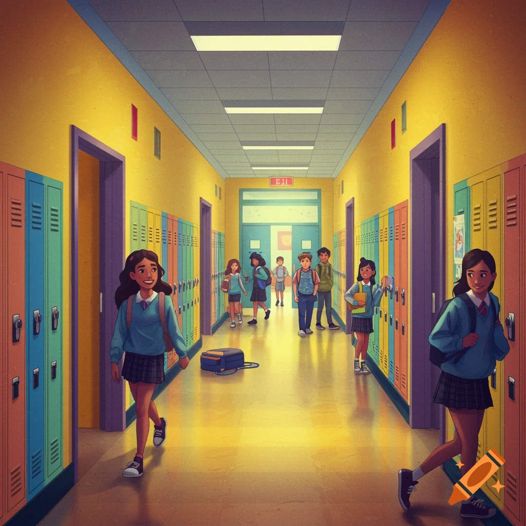 A vibrant school hallway with colorful lockers and students walking.