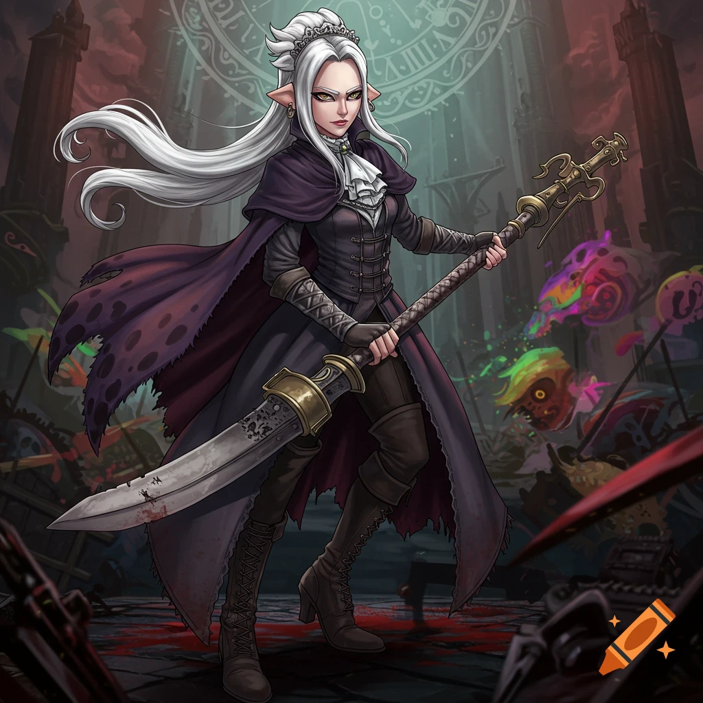 A white-haired female fantasy character in a dark outfit holding a large weapon, standing in a ruined area with a clock face background.