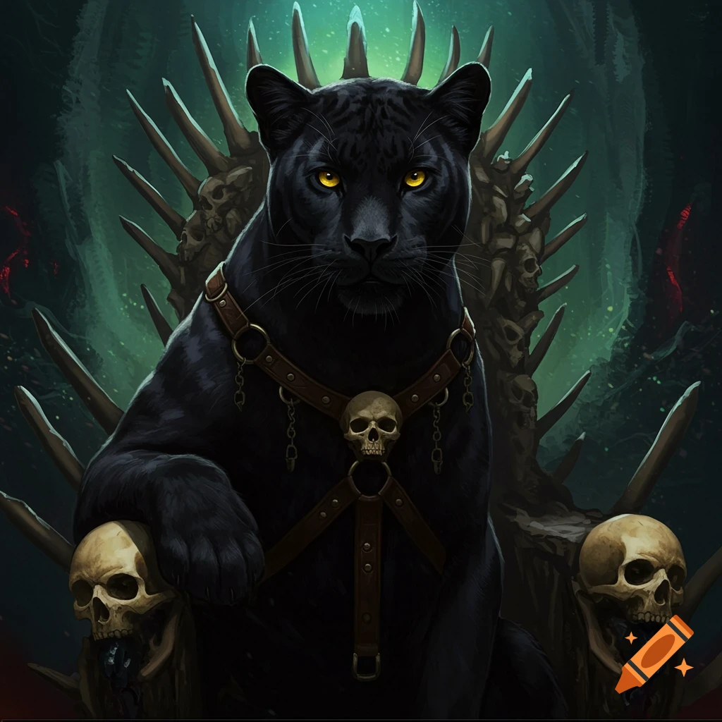 A black panther-like creature with golden eyes sits on a throne of bones in a dark fantasy.