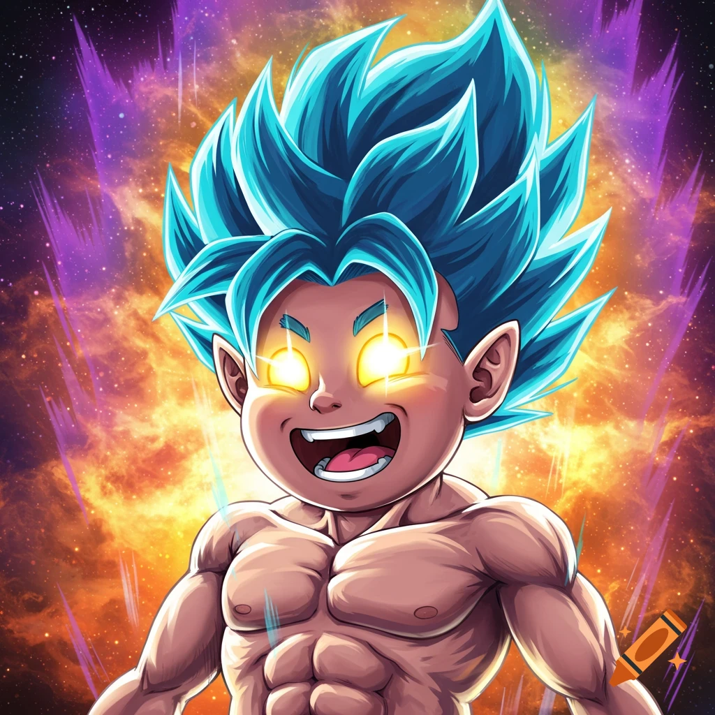 Stylized cartoon character with blue spiky hair and glowing eyes against a cosmic background, showing muscular build.