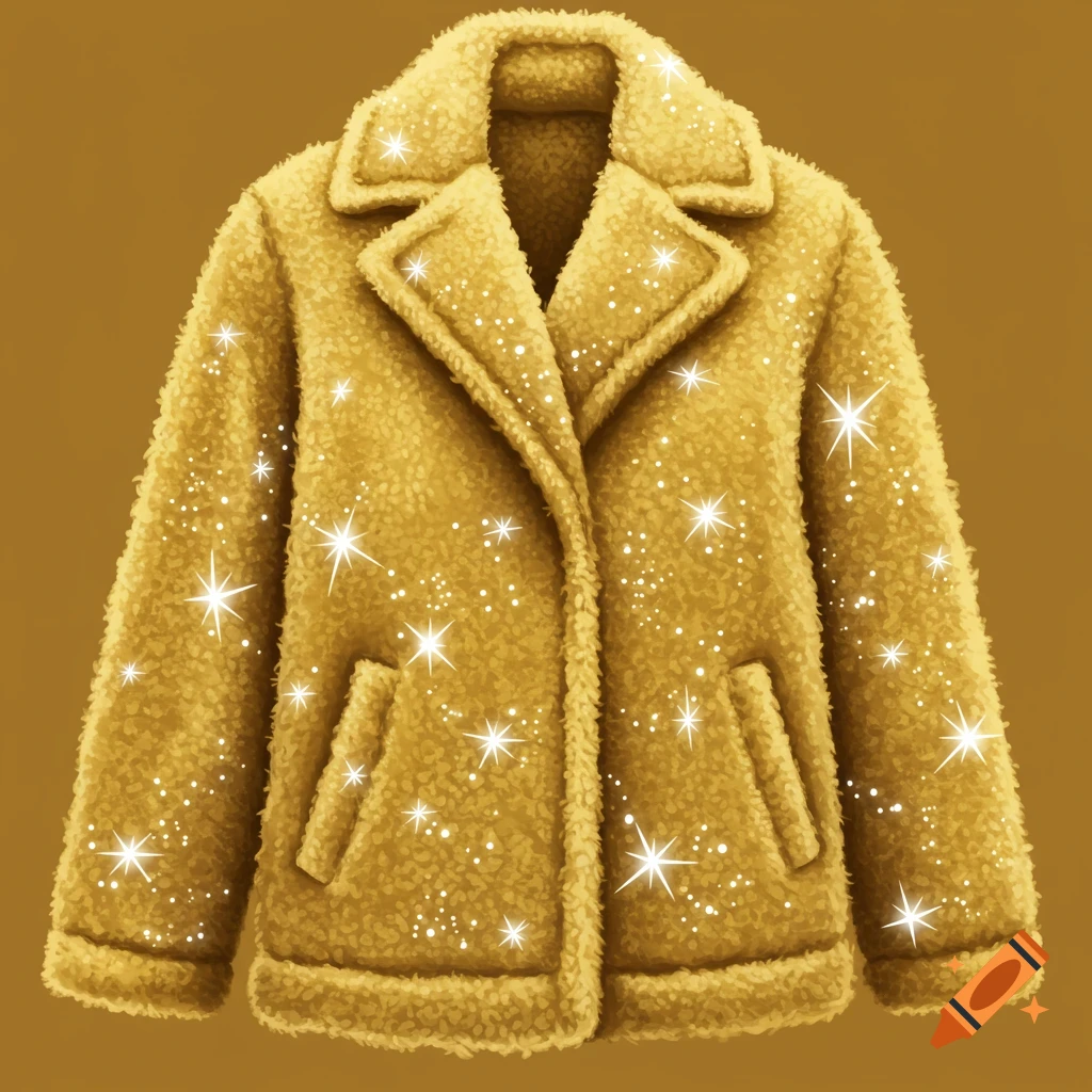 A golden fleece coat covered in white stars and sparkles.