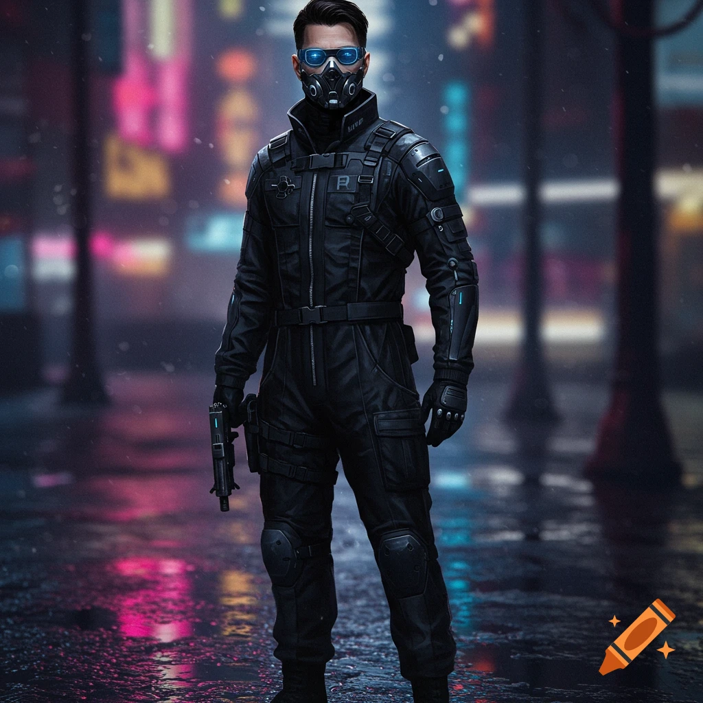 Futuristic man in black suit and mask holding a gun in a rainy cyberpunk city