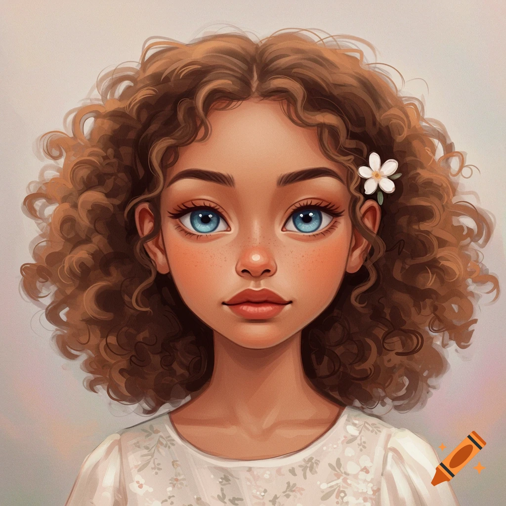 A girl with curly brown hair and blue eyes, wearing a white dress with a flower in her hair.