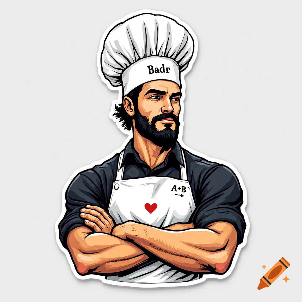 Sticker illustration of a chef with crossed arms, wearing a chef hat and apron.