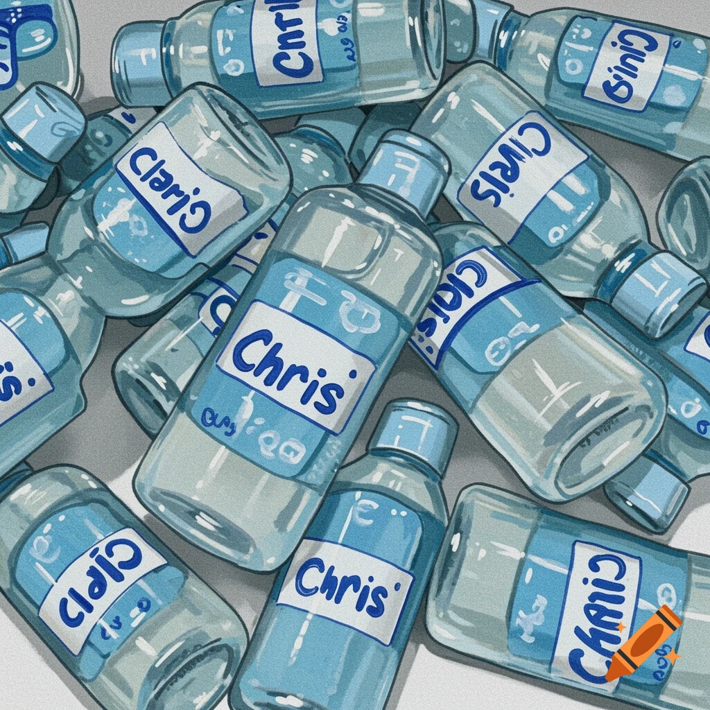 Close-up of a pile of clear bottles with blue and white labels, some reading 'Chris'.