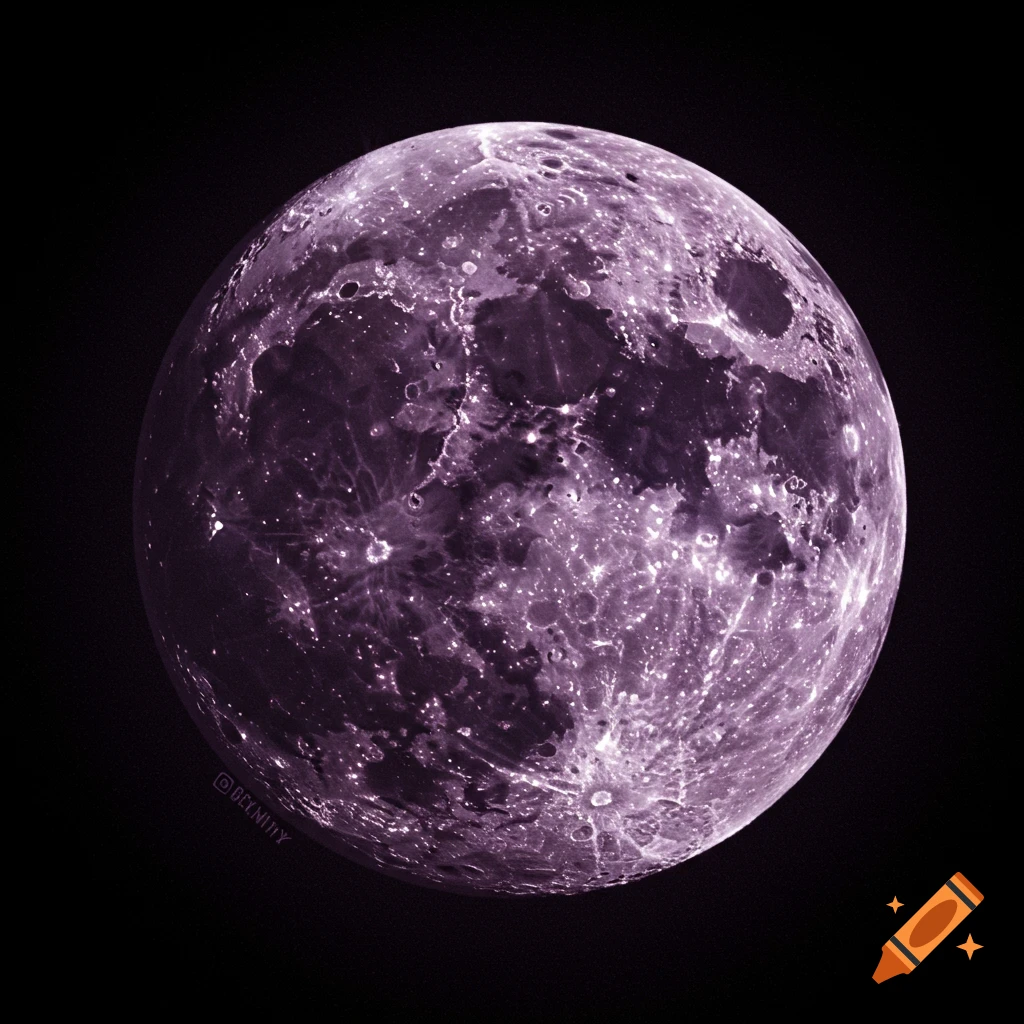 A dark purple moon covered in sparkling glitter against a black background.