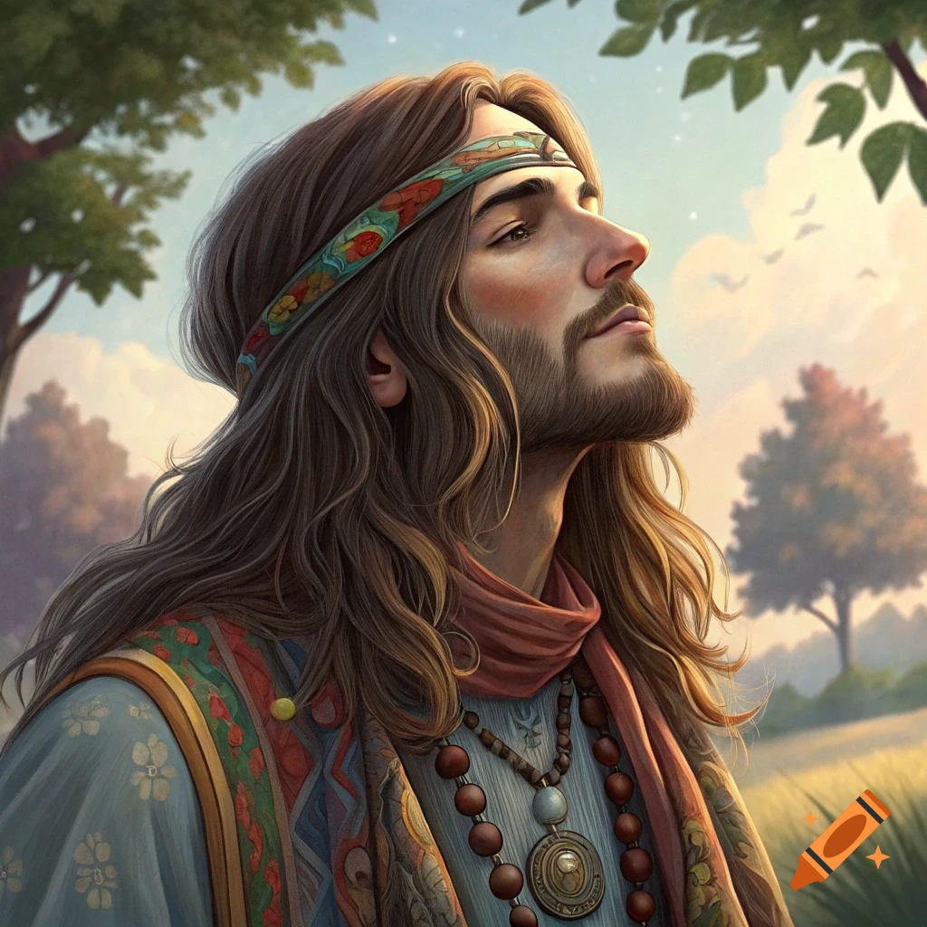 Portrait of a handsome man with long hair and beard, wearing a headband and scarf, looking upwards in a field.