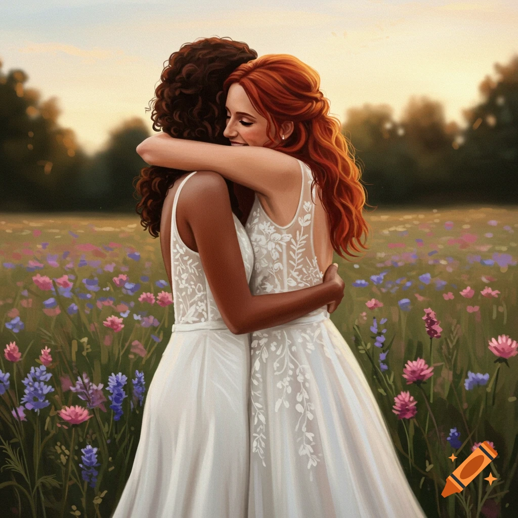 Two brides hugging in a field of wildflowers.