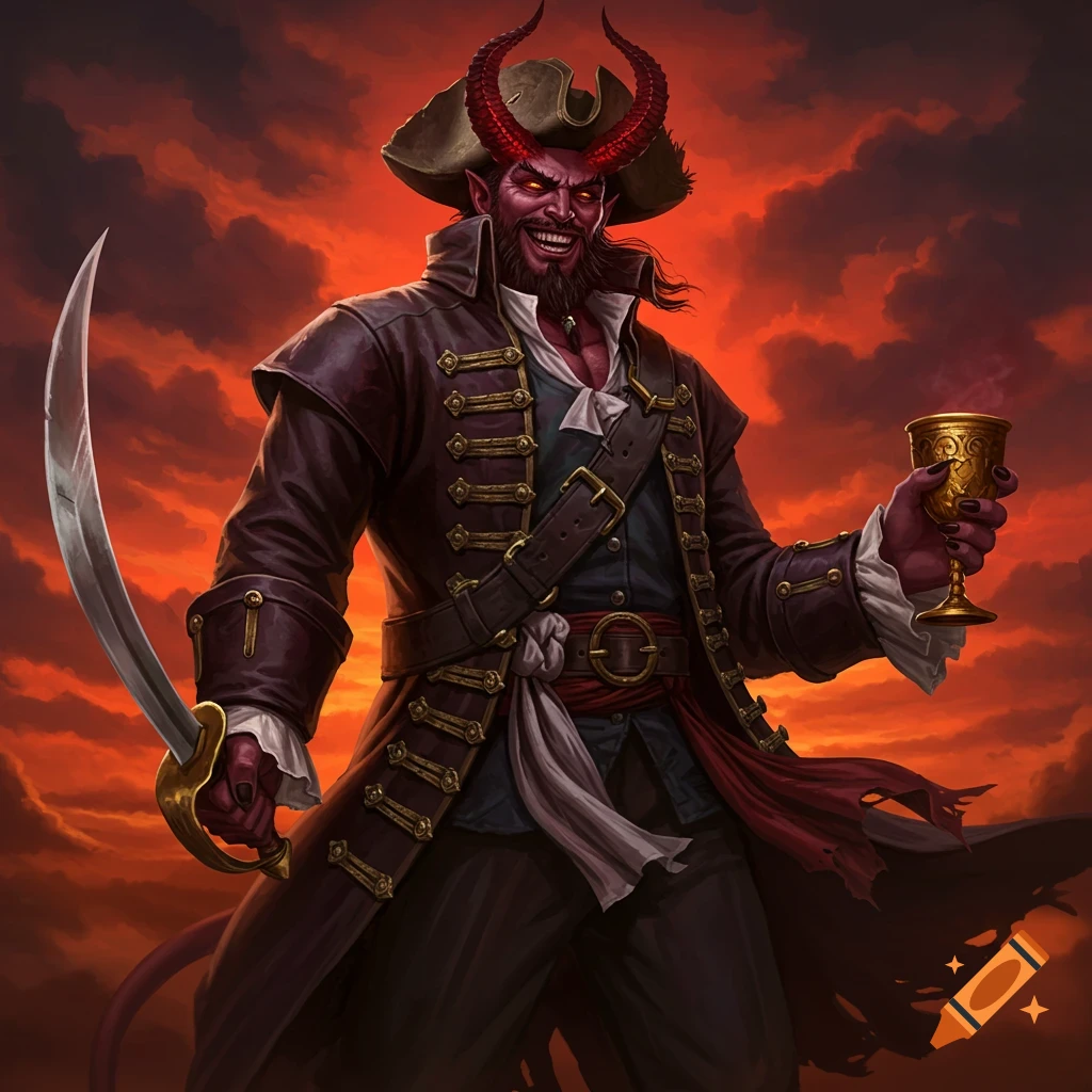 A red-skinned pirate demon with horns is holding a cutlass and a goblet against an orange sky.