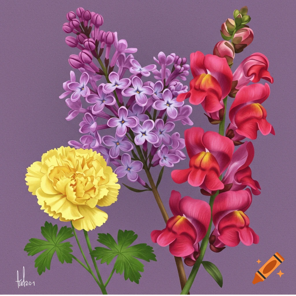 A yellow flower, purple lilac, and pink snapdragons on a purple background.