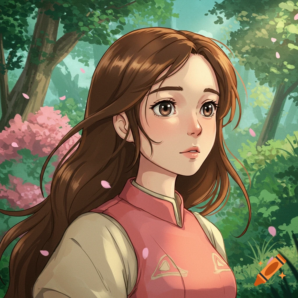 A young woman with brown hair in a forest in Ghibli art style.