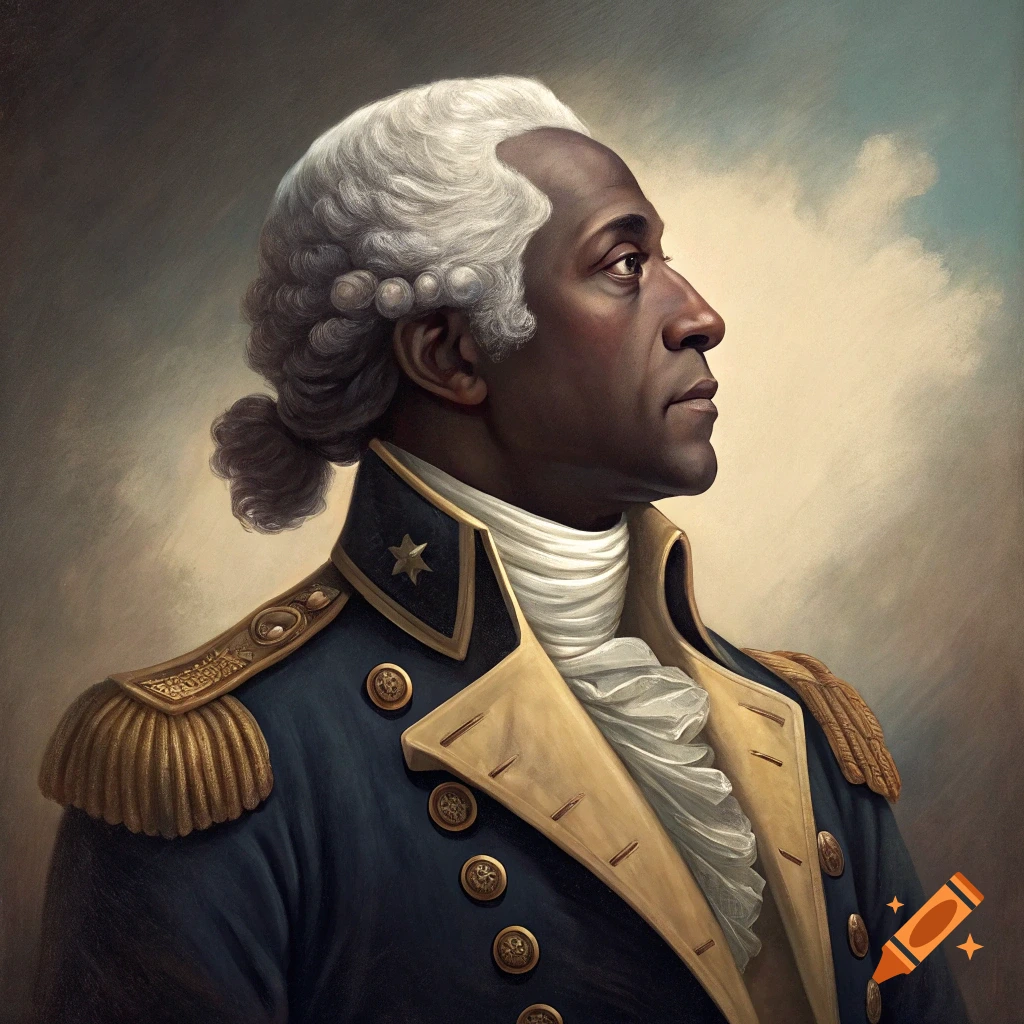 Painting of a Black man in profile wearing a blue and gold historical military uniform.