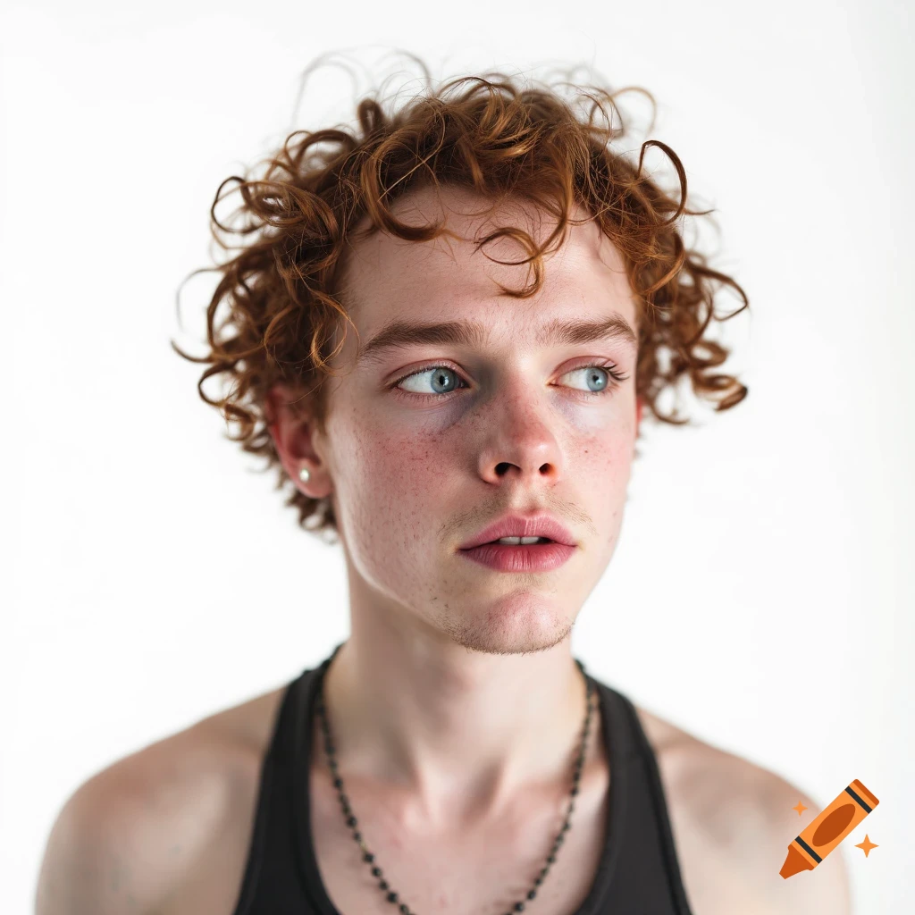Portrait of a young man with curly red hair and blue eyes against a white background.
