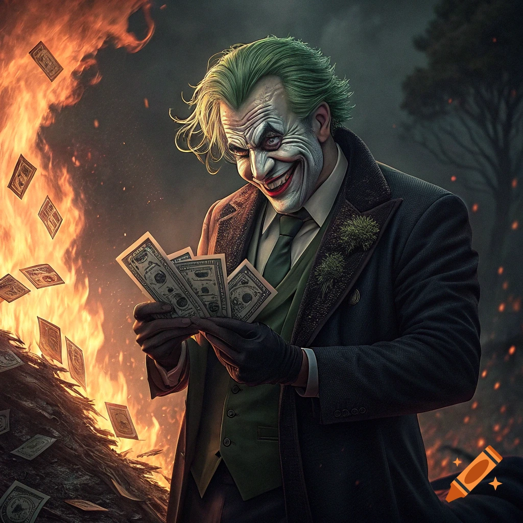 The Joker character holds dollar bills in front of a large burning pile of money outdoors.