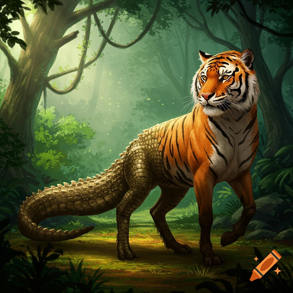 A mythical creature with a tiger head and alligator body stands in a lush forest.