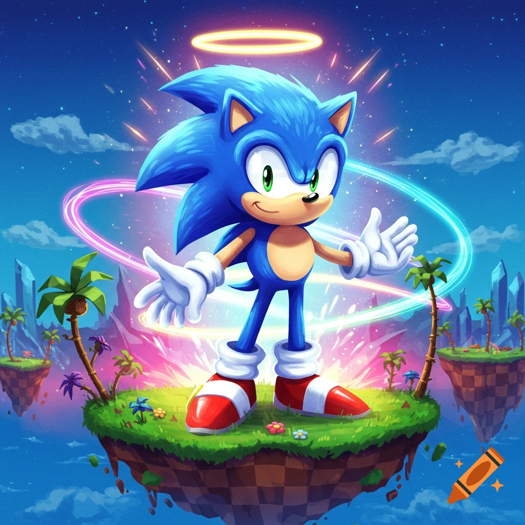 Image of Sonic the Hedgehog standing on a floating island with a halo and glowing rings
