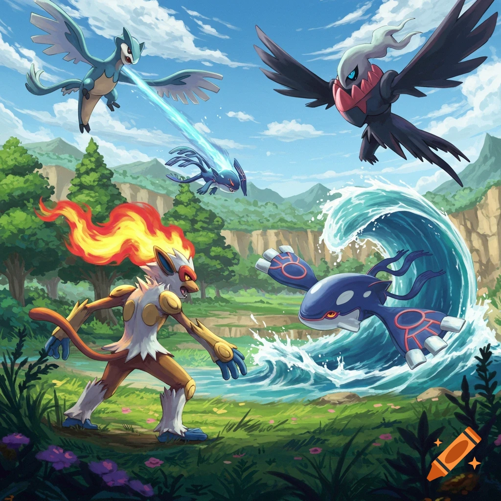A Pokemon battle unfolds in a landscape, featuring Infernape, Kyogre, Darkrai, and a flying blue Pokemon.