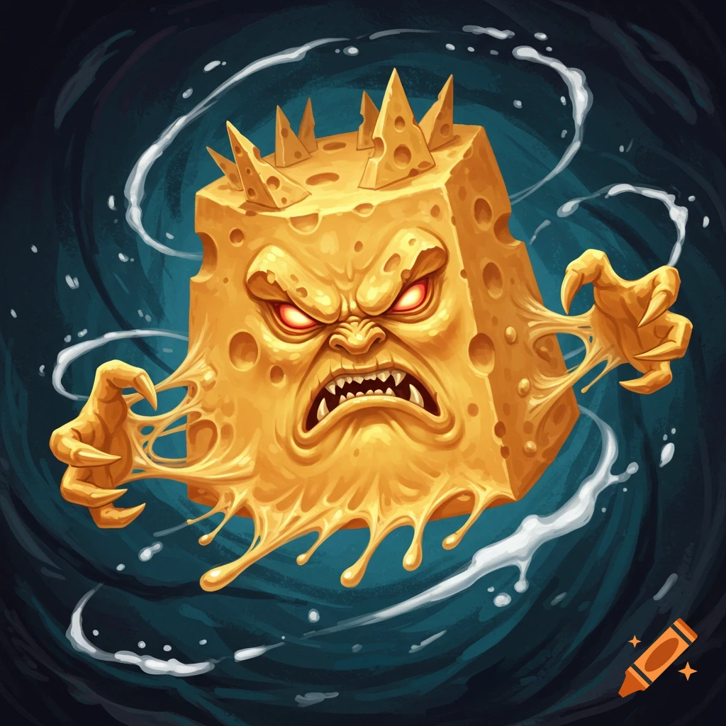 A fierce, monstrous block of cheese with red eyes and sharp teeth.