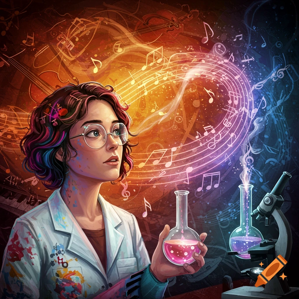 A person in a lab coat holding a beaker, surrounded by musical notes and science equipment.