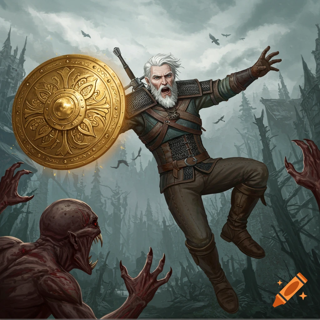 A white-haired witcher with a shield jumping towards monsters in a dark forest.