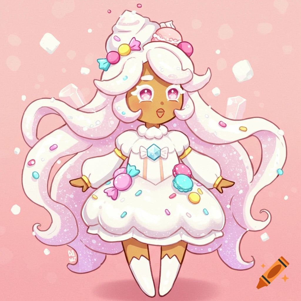Cute anime character resembling a dessert with white hair and candy decorations in the style of Cookie Run.
