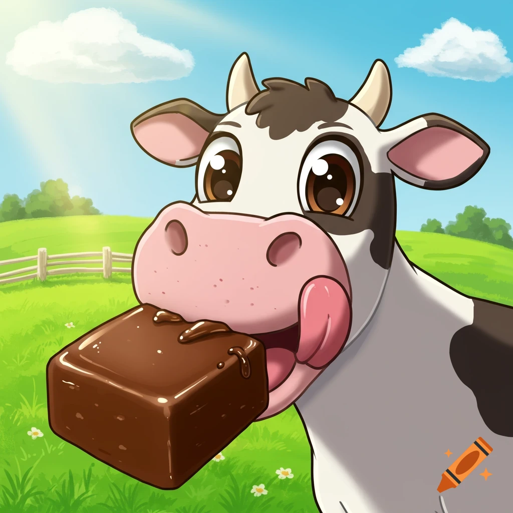 Cartoon cow eating a piece of fudge in a grassy field