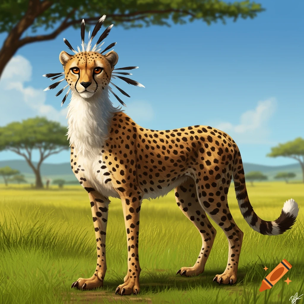 A stylized cheetah with secretary bird feathers on its head stands in a sunny savanna.