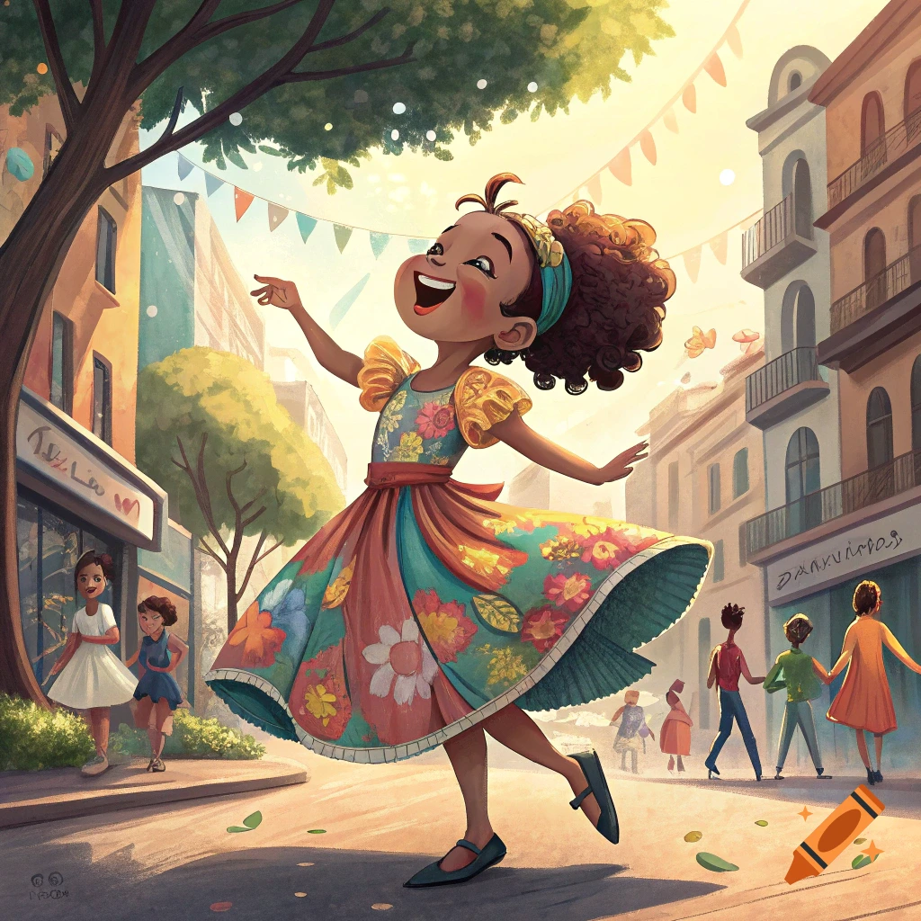 Illustration of a happy girl in a colorful dress dancing in a street during a festival.