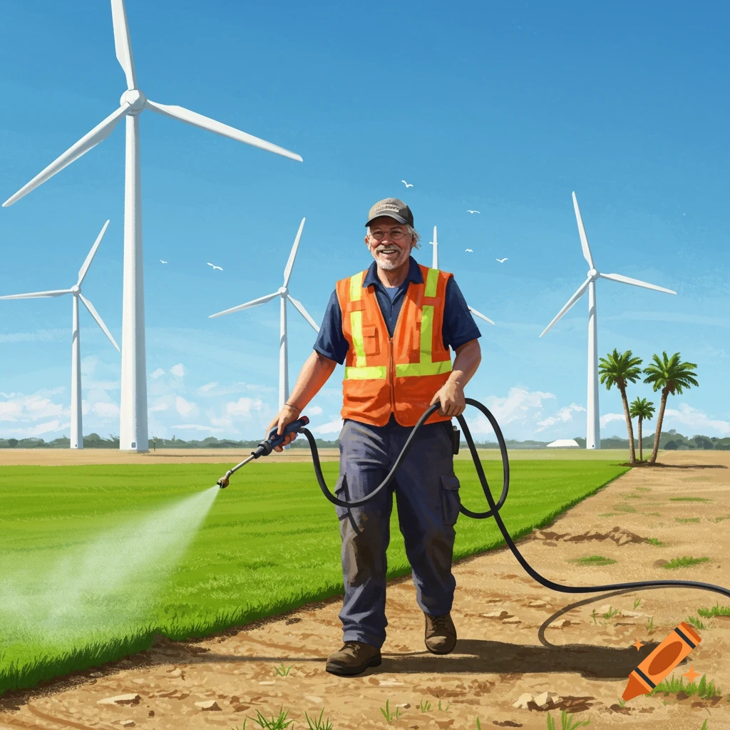 Man wearing safety vest sprays grass near wind turbines and palm trees in a field.