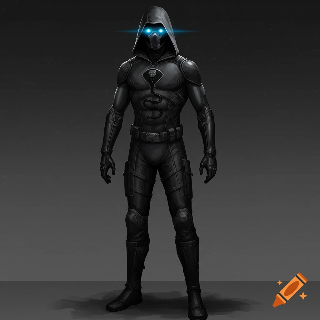 A person in a dark tactical suit with glowing blue eyes and a snake emblem