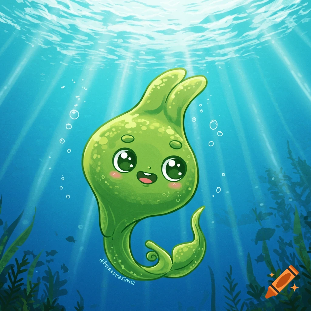 Cute cartoon green sea creature with big eyes floating underwater with sun rays and bubbles