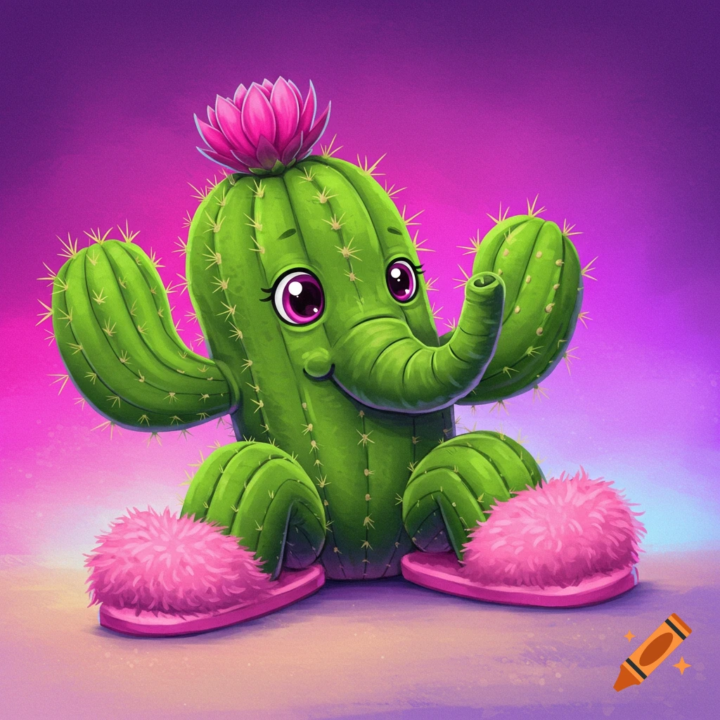 Cute cartoon cactus character with an elephant trunk, ears, and pink fuzzy slippers, digital art.