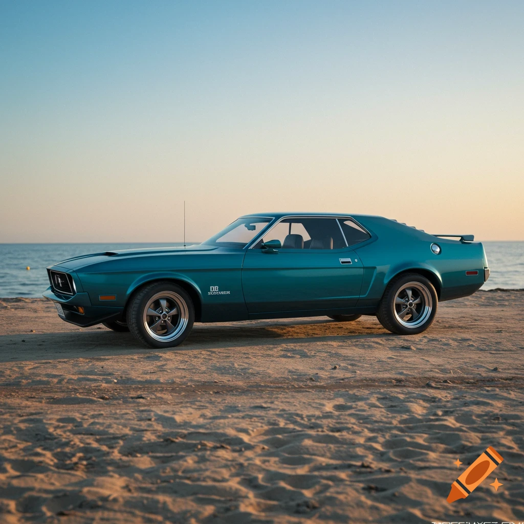 A teal 1972 Ford Mustang Cobra parked on a sandy beach at sunset.
