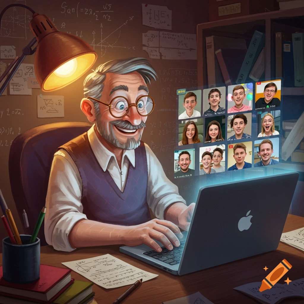 Illustration of a man on a video call with multiple people in a room with a blackboard.