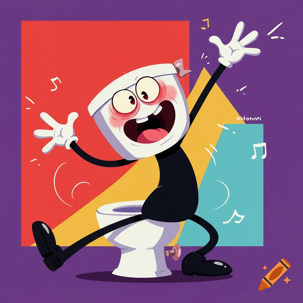 Cartoon illustration of a dancing toilet character