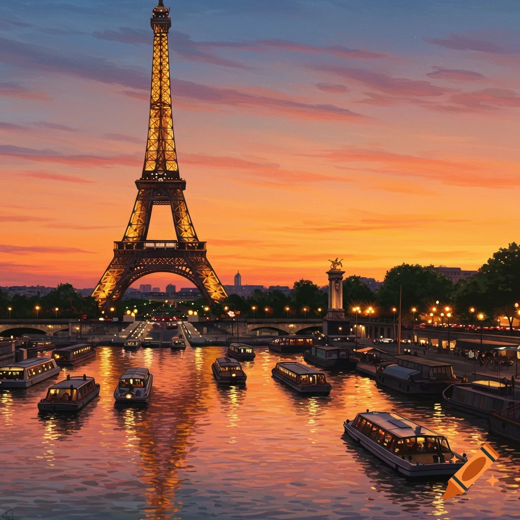 The Eiffel Tower and boats on the Seine at sunset.