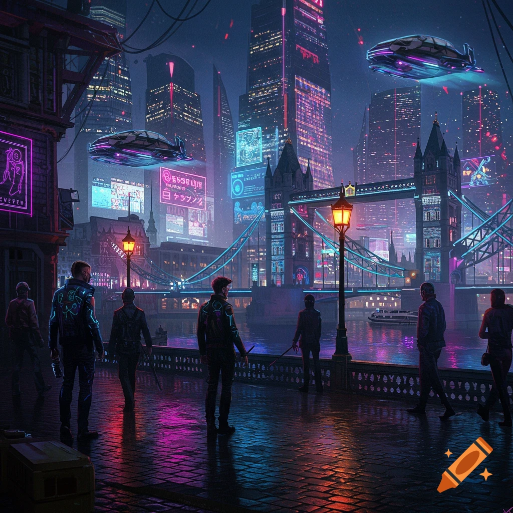 A cyberpunk London cityscape with Tower Bridge, neon signs, flying vehicles, and figures on a wet street.