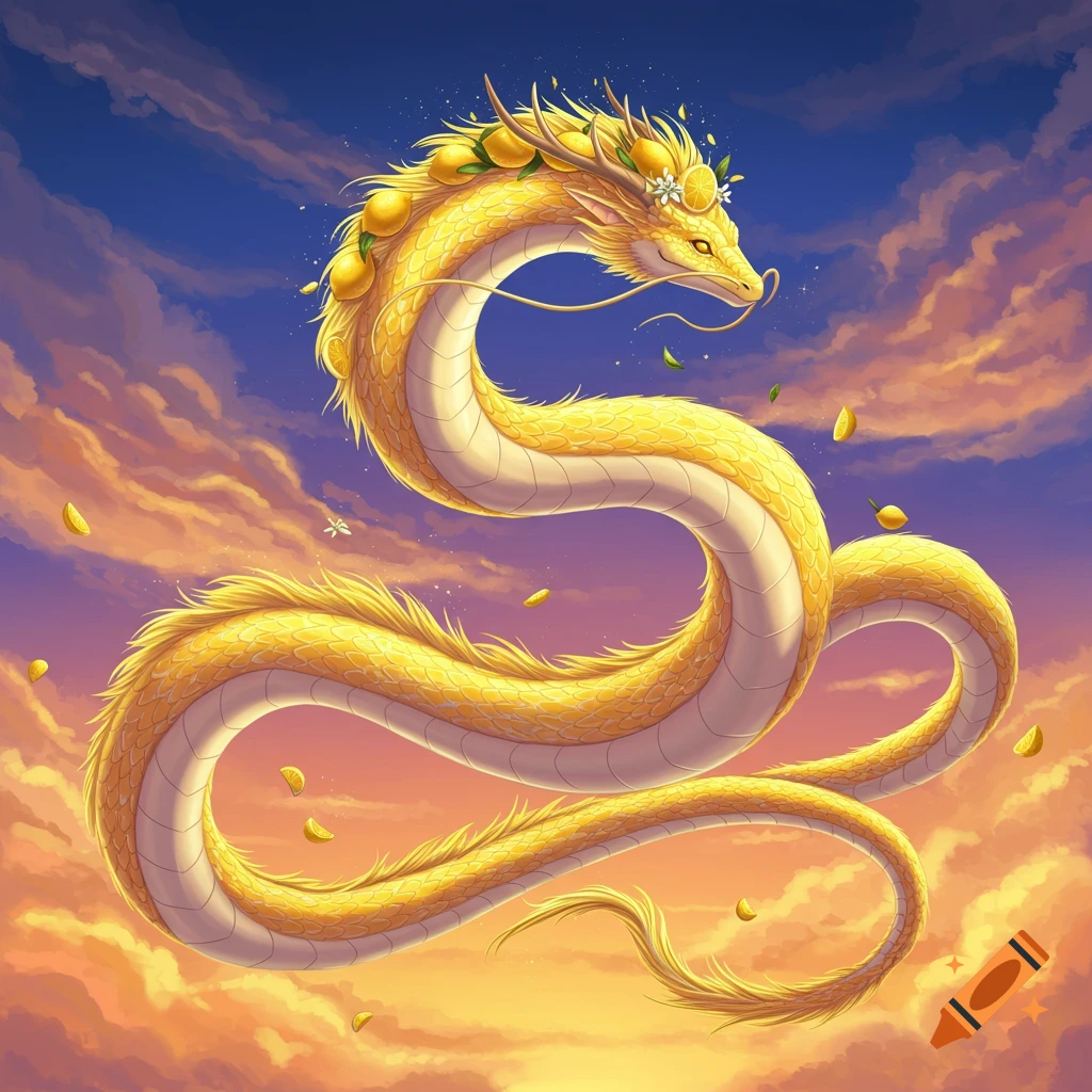 A golden dragon decorated with lemons flies through a colorful sky.