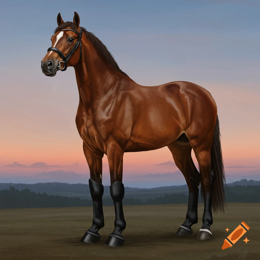 A brown horse standing in a field with a sunset sky.