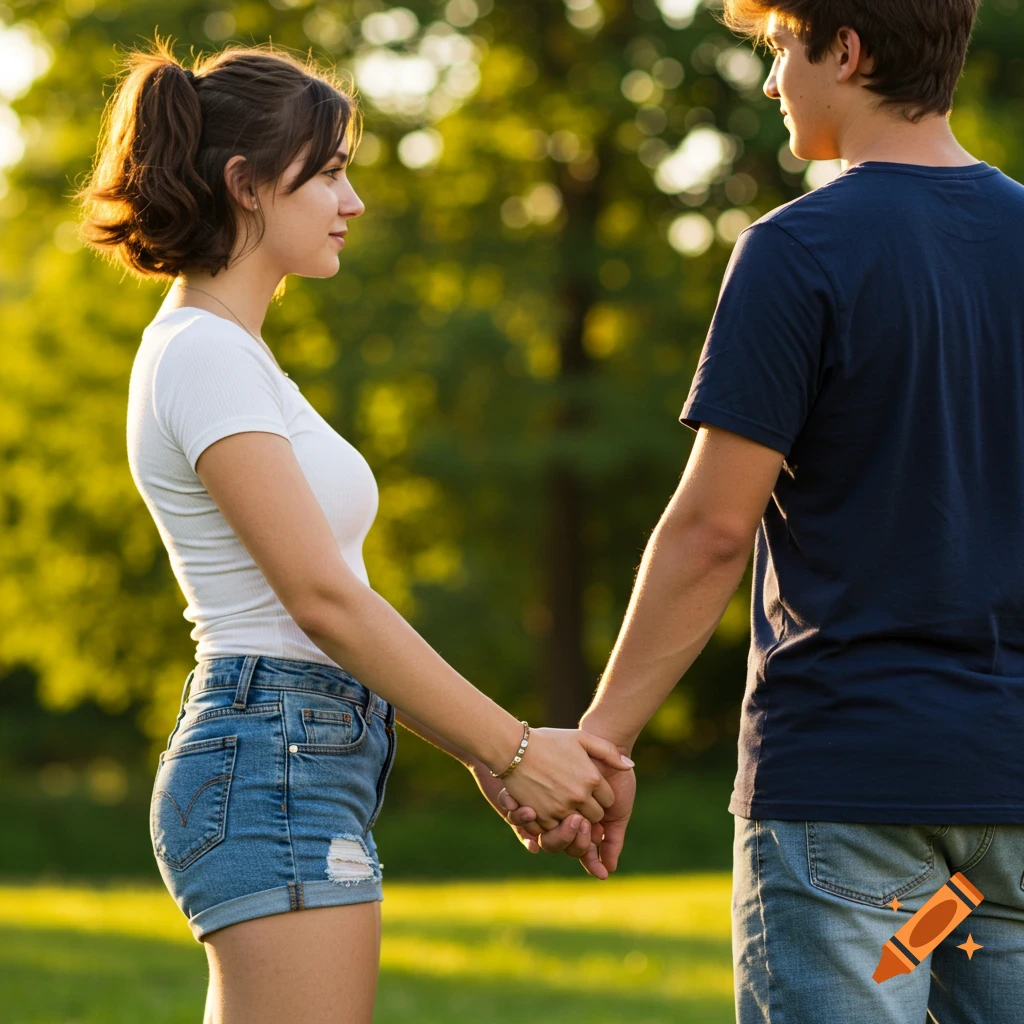 Young couple holding hands in a sunny park