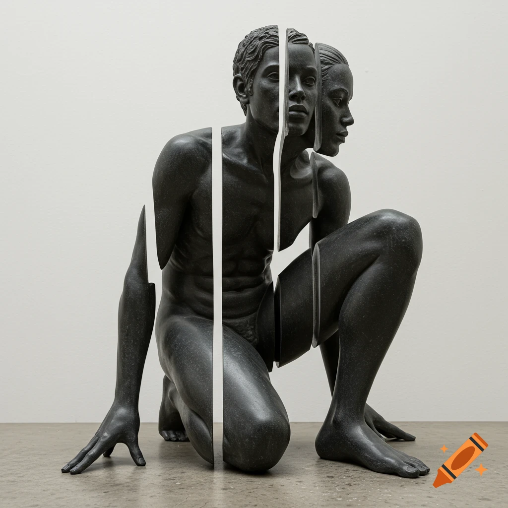 Dark stone sculpture of a crouched figure split vertically into segments.