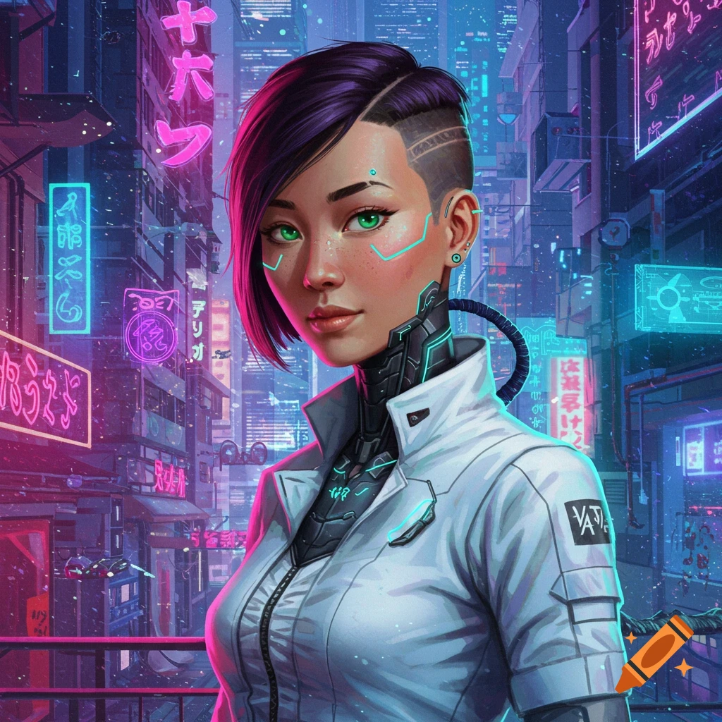 A woman with striking green eyes and cybernetic implants is depicted against the backdrop of a vibrant, neon-lit cyberpunk city.