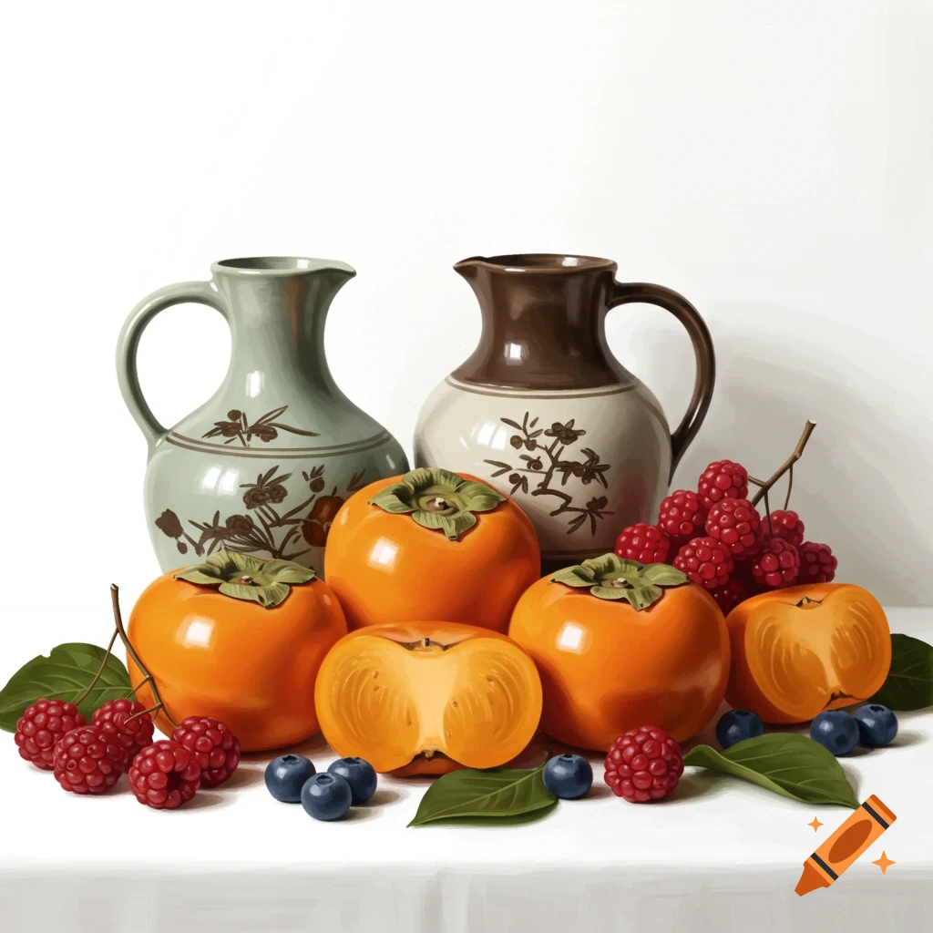 Still life of persimmons, berries, and decorated ceramic jugs.