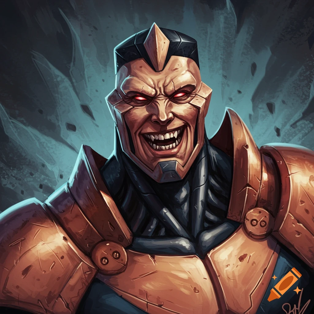 The character Conquest from Invincible, with red eyes and gold armor.