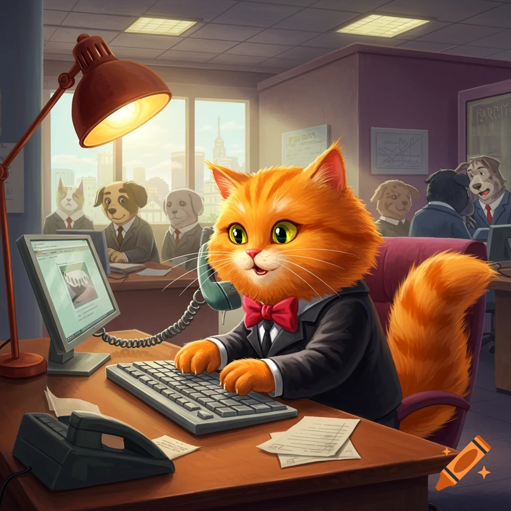 A cartoon orange cat in a suit sits at an office desk on the phone and computer, surrounded by other animals in suits in the background.