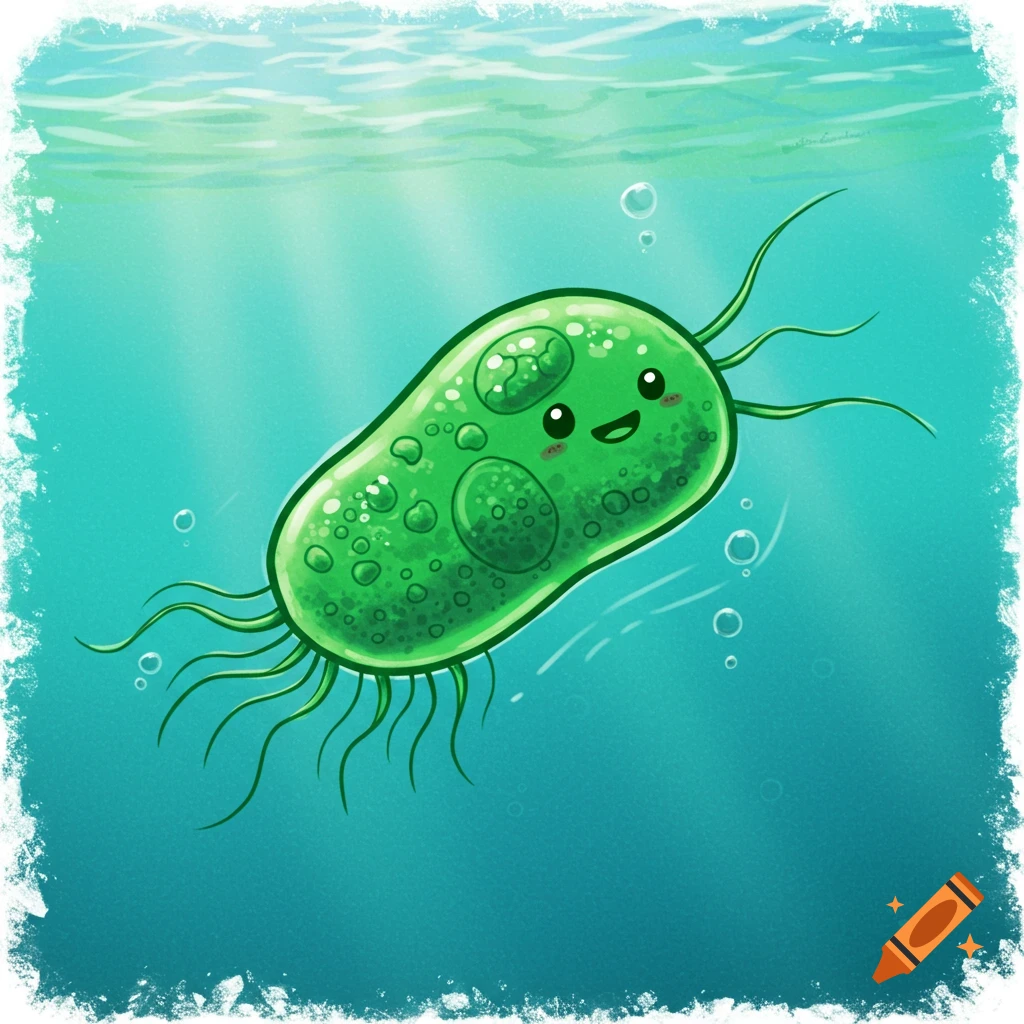 A friendly green cartoon paramecium with cilia swimming underwater with bubbles.