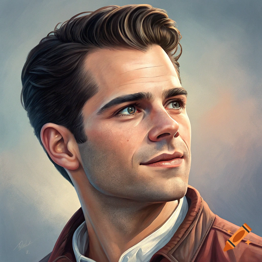 Close-up painted portrait of a man in a brown jacket looking upwards.